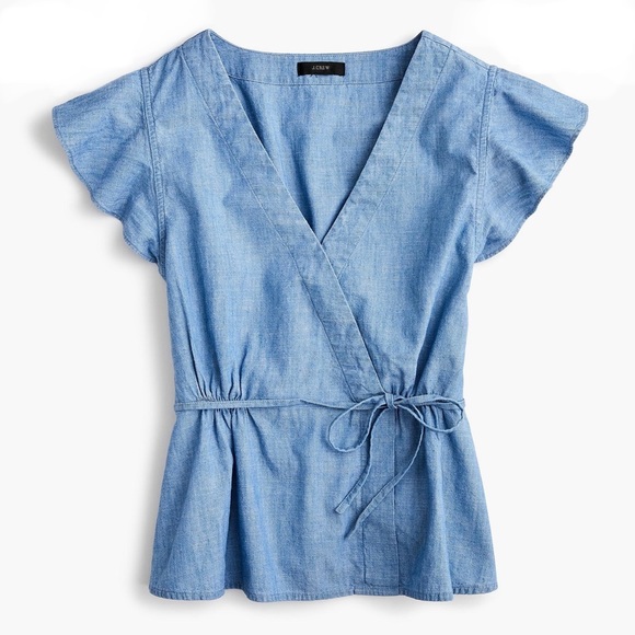 J. Crew Tops - J. Crew | Flutter Sleeve Chambray Faux Wrap Top - EUC